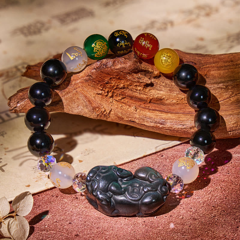 FuAttract Protective Strength – Rainbow Obsidian Pixiu Mantra Bracelet - 10mm - image 0