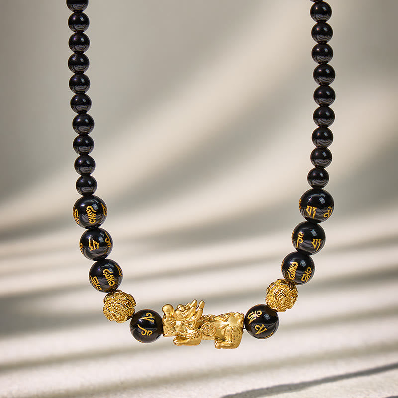 FuAttract Wealth Om Mani Mantra Obsidian Pixiu Protection Necklace - Black Obsidian - image 0