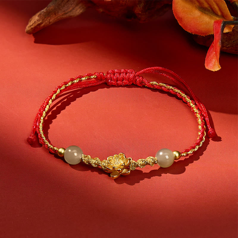 FuAttract Handmade Braided Cord Red String Bracelet with Lotus Charm & Hetian Jade Beads - Hetian Jade - image 0