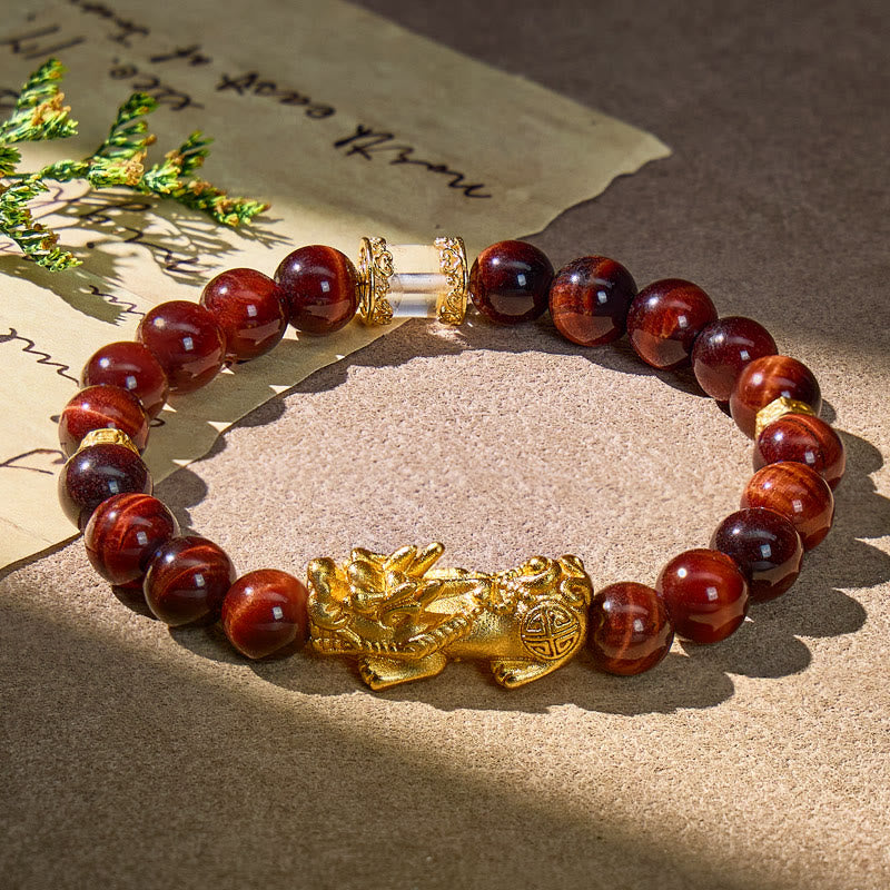 FuAttract Balanced Protection – Red Tiger's Eye & White Crystal Pixiu Bracelet - 8mm - image 0