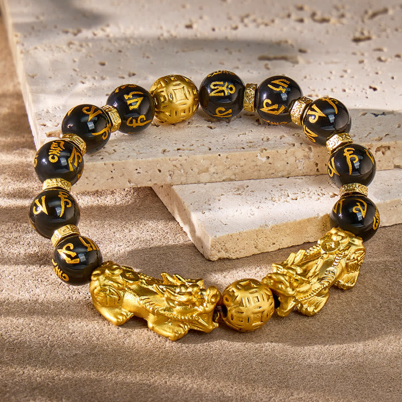 FuAttract Fortune & Shield – Black Onyx Om Mani Mantra Pixiu Bracelet - 10mm - image 0