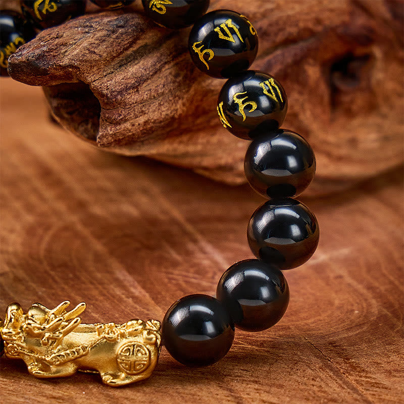 FuAttract Fortune Shield – Black Obsidian Om Mani Mantra Pixiu Bracelet - image 5