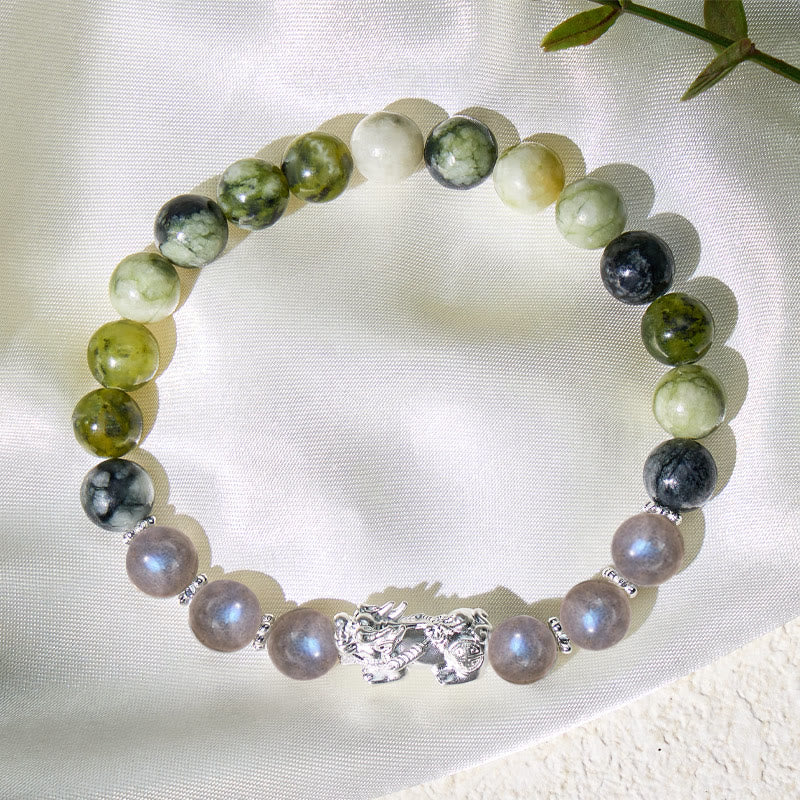 FuAttract Prosperity Shield – Green Porcelain Jade & Moonstone Beads Pixiu Bracelet - image 3