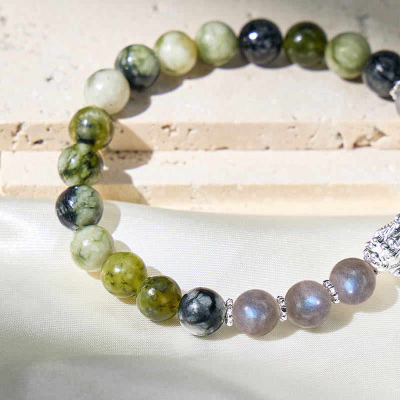 FuAttract Prosperity Shield – Green Porcelain Jade & Moonstone Beads Pixiu Bracelet - image 5