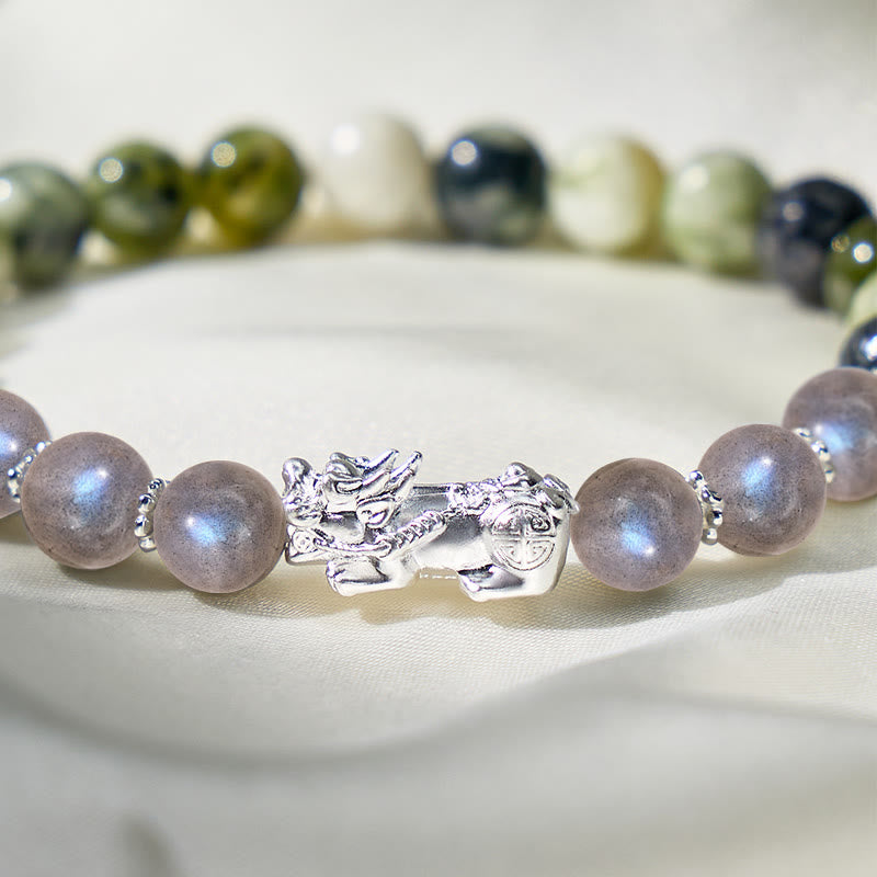 FuAttract Prosperity Shield – Green Porcelain Jade & Moonstone Beads Pixiu Bracelet - image 4
