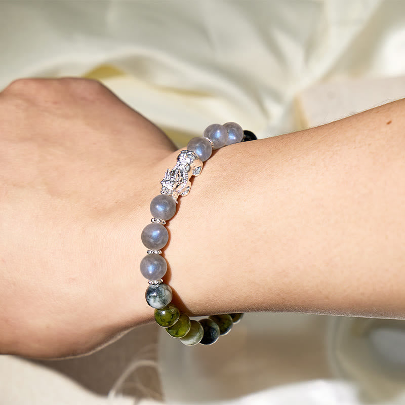 FuAttract Prosperity Shield – Green Porcelain Jade & Moonstone Beads Pixiu Bracelet - image 6