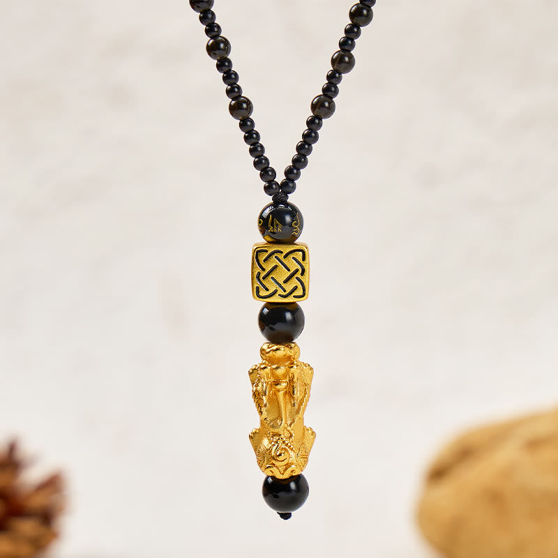 FuAttract Pixiu Wealth Protection Knot Om Mani Padme Hum Black Obsidian Beaded Necklace - Pixiu - image 0