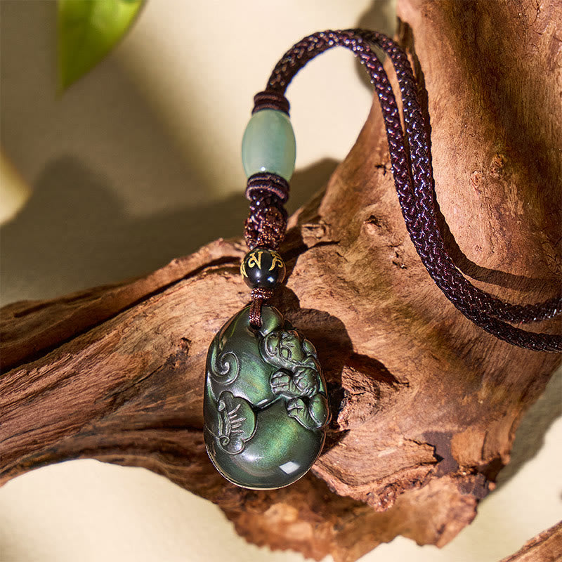 FuAttract Emotional Healing & Abundance Flow Rainbow Obsidian Pixiu with Mantra Bead Protection Necklace - image 1
