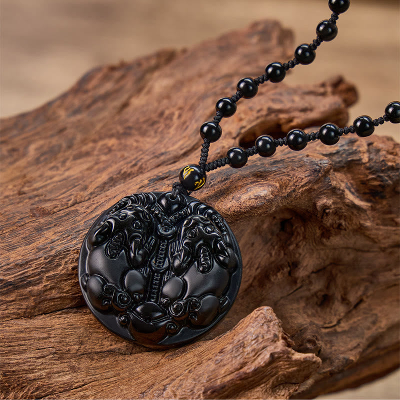 FuAttract Wealth Protection & Energy Shield Amulet Black Obsidian Double Pixiu Necklace - image 1