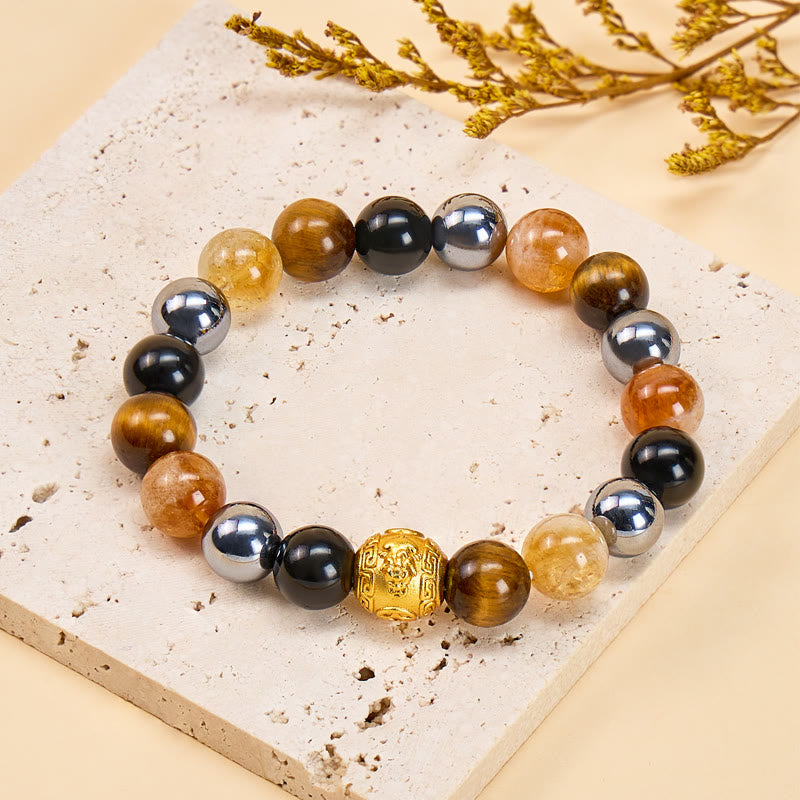 FuAttract Wealth & Protection Amulet Natural Obsidian Tiger Eye Citrine Pyramid Pixiu Bracelet - 10mm - image 0