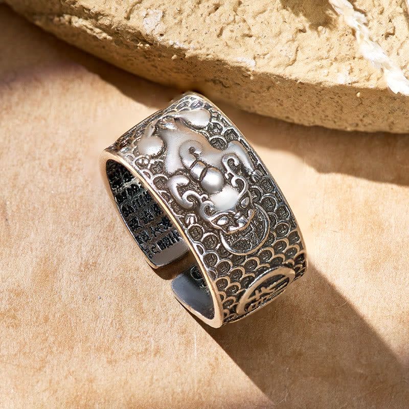 FuAttract Attract Prosperity & Shield Energy Om Mani Padme Hum Pixiu Ring - Retro Silver - image 0