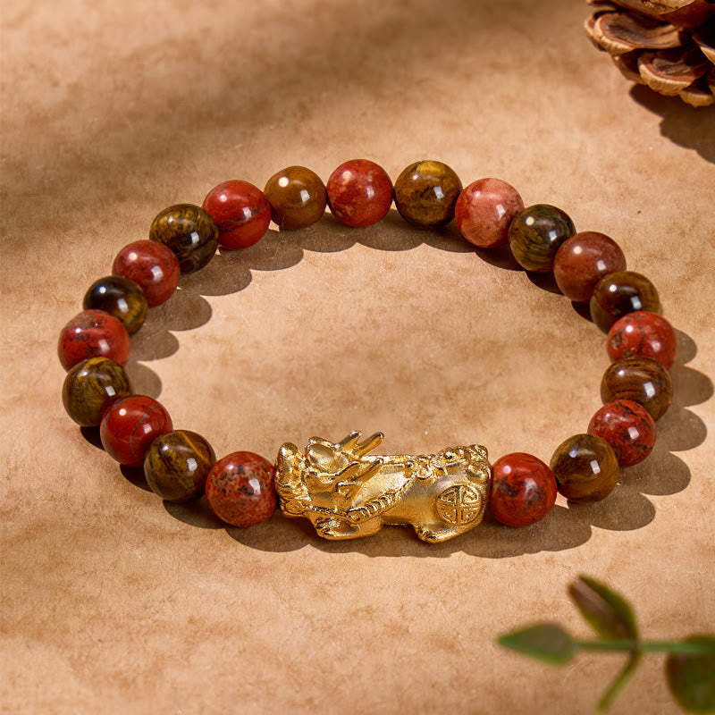 FuAttract Vitality & Wealth Attraction Bracelet: Tiger's Eye Beads with Gold Pixiu - Pixiu - image 0