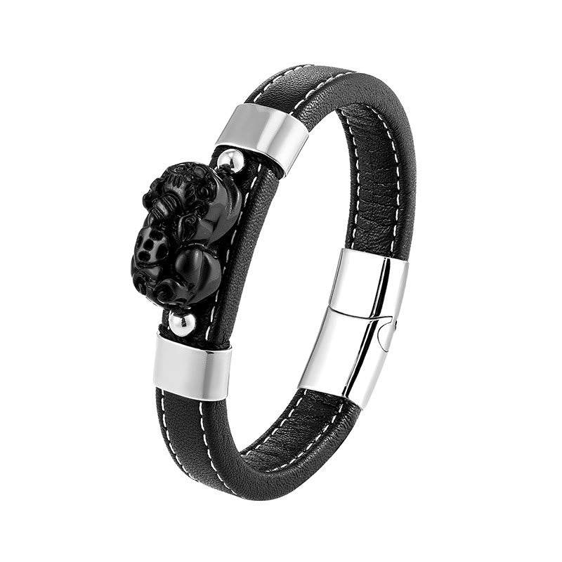 FuAttract Wealth & Protection Leather Pixiu Bracelet with Tiger's Eye Jade & Obsidian - Black Onyx - Silver - 23cm - image 16