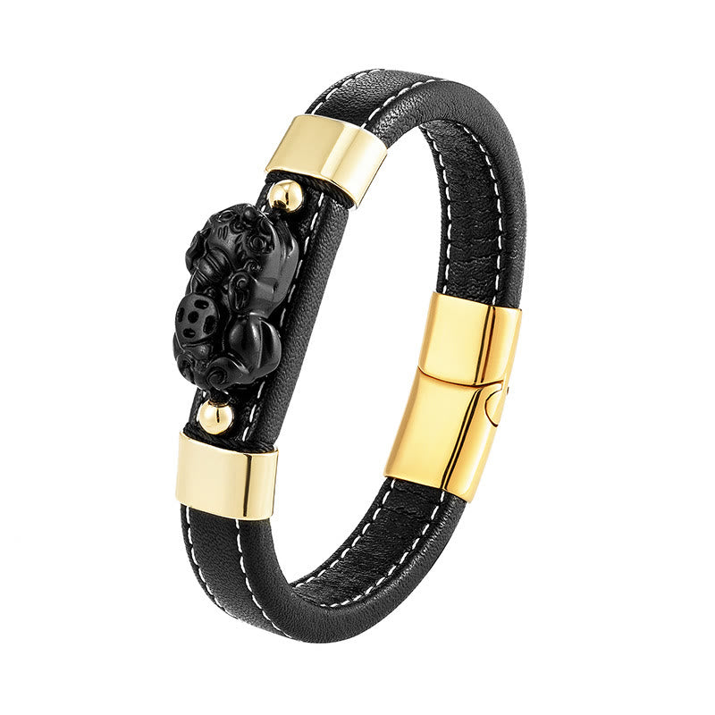 FuAttract Wealth & Protection Leather Pixiu Bracelet with Tiger's Eye Jade & Obsidian - Black Onyx - Gold - 23cm - image 15