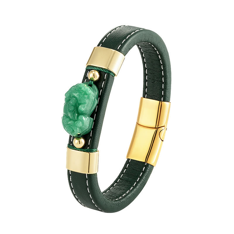 FuAttract Wealth & Protection Leather Pixiu Bracelet with Tiger's Eye Jade & Obsidian - Jade - Gold - 23cm - image 11