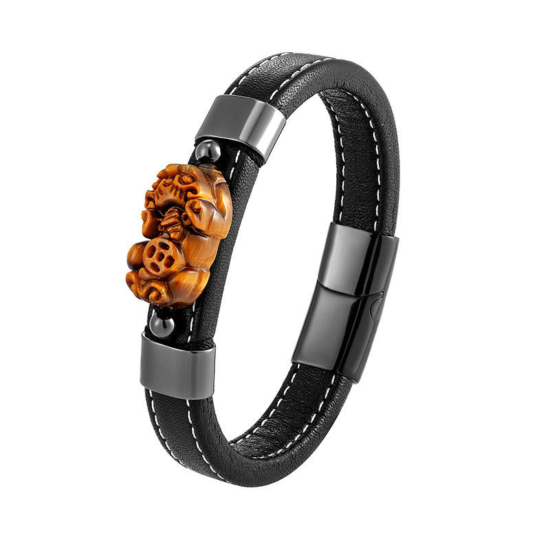 FuAttract Wealth & Protection Leather Pixiu Bracelet with Tiger's Eye Jade & Obsidian - Tiger’s Eye - Black - 23cm - image 10