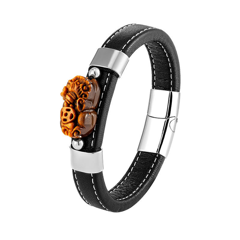 FuAttract Wealth & Protection Leather Pixiu Bracelet with Tiger's Eye Jade & Obsidian - Tiger’s Eye - Silver - 23cm - image 9