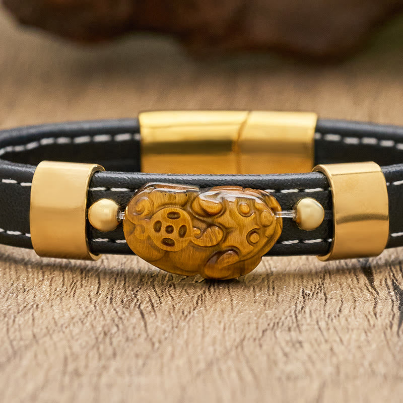 FuAttract Wealth & Protection Leather Pixiu Bracelet with Tiger's Eye Jade & Obsidian - image 4