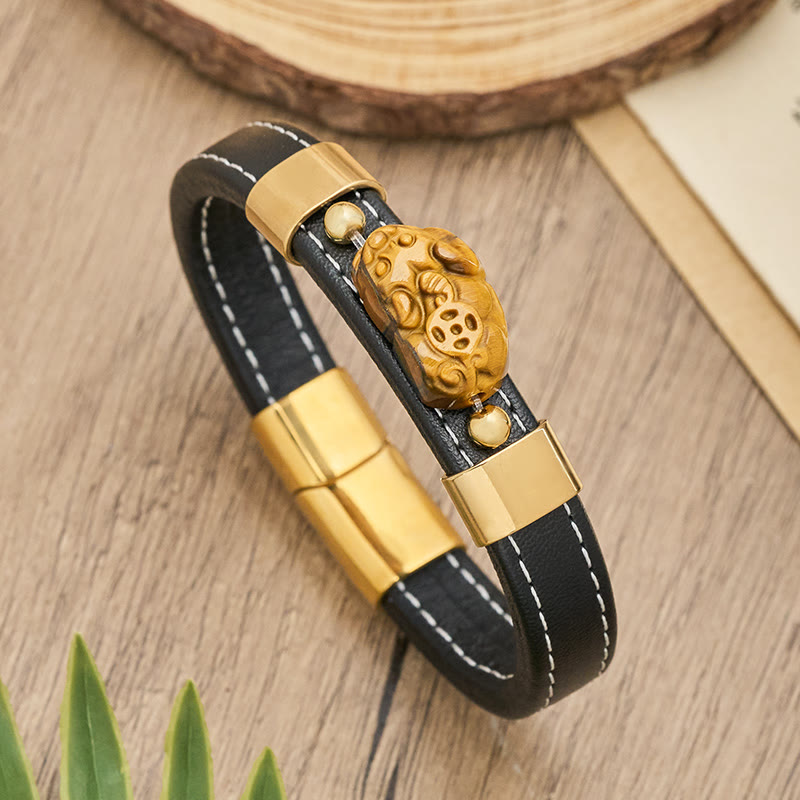 FuAttract Wealth & Protection Leather Pixiu Bracelet with Tiger's Eye Jade & Obsidian - image 2