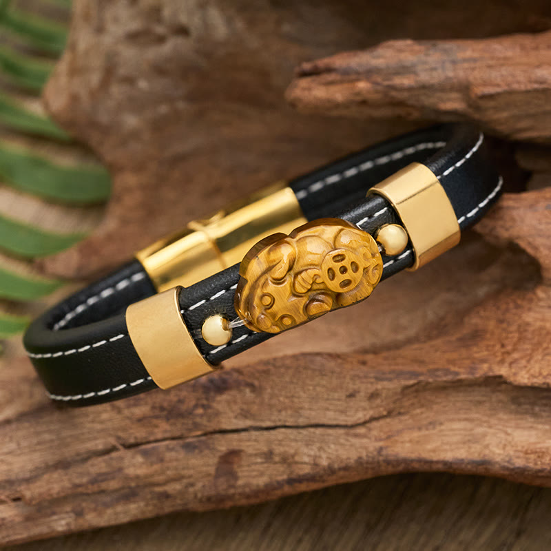FuAttract Wealth & Protection Leather Pixiu Bracelet with Tiger's Eye Jade & Obsidian - image 1