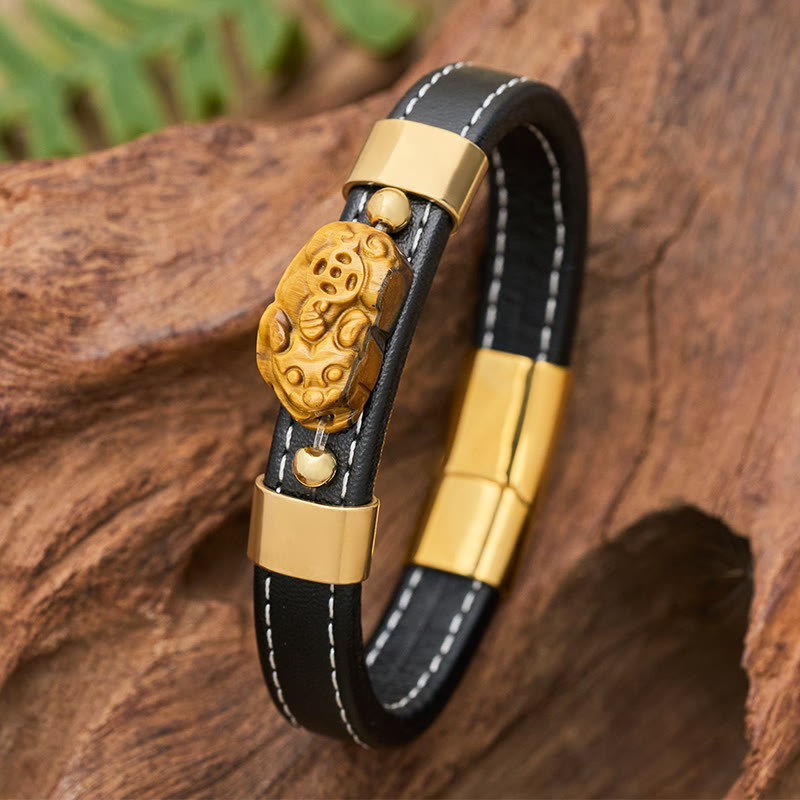 FuAttract Wealth & Protection Leather Pixiu Bracelet with Tiger's Eye Jade & Obsidian - Tiger’s Eye - Gold - 23cm - image 0