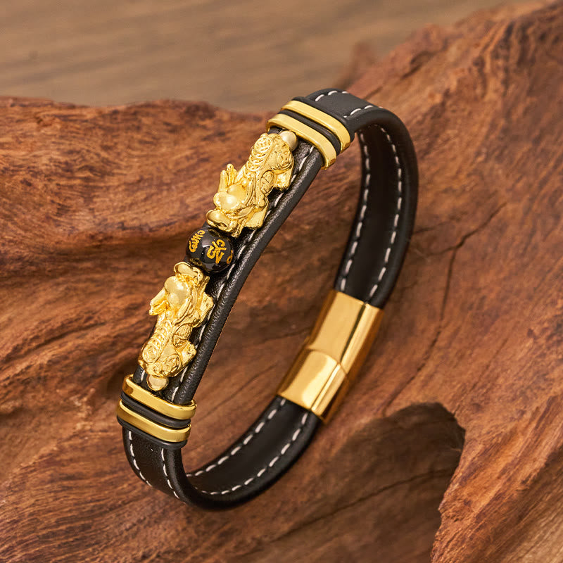 FuAttract Abundance & Power: Modern Double Pixiu Leather Bracelet with Mantra Bead - Gold - 23cm - image 1