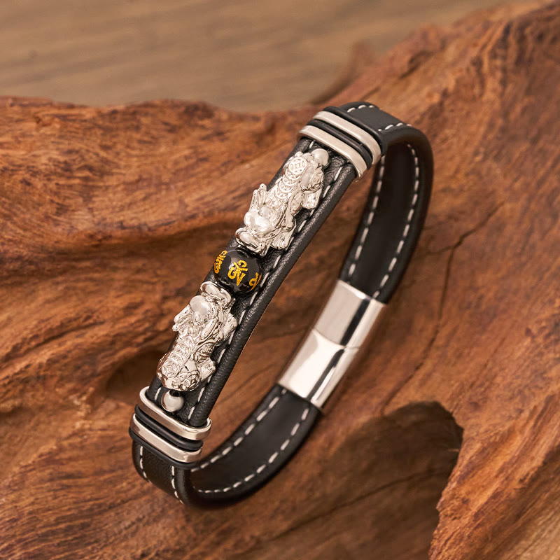 FuAttract Abundance & Power: Modern Double Pixiu Leather Bracelet with Mantra Bead - Silver - 23cm - image 4