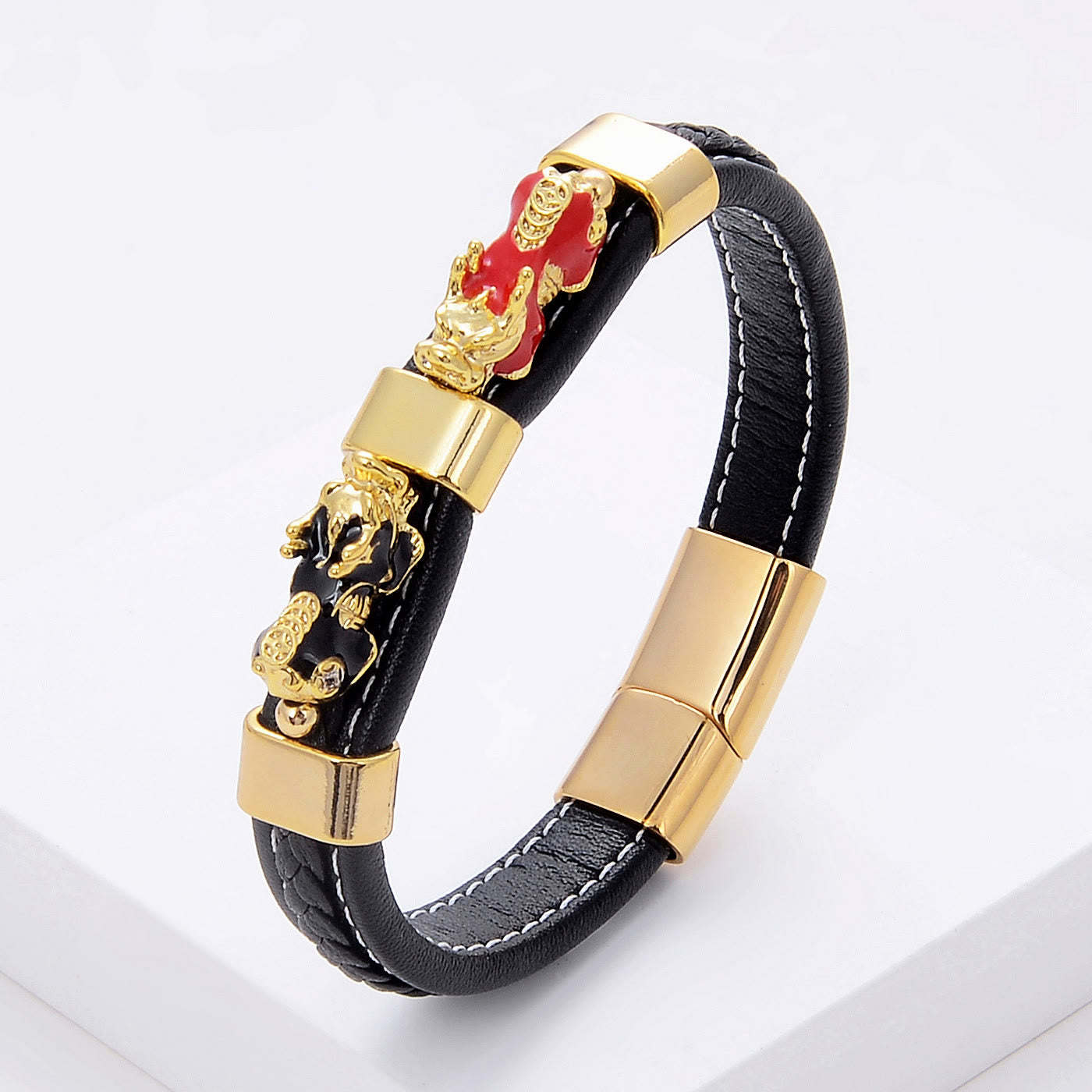 FuAttract Success & Protection Double Pixiu on Black Leather Bracelet - Blue & Red - 23cm - image 22