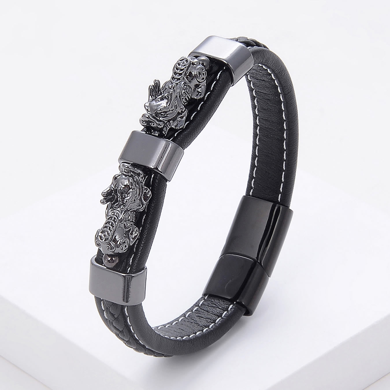 FREE Today: Success & Protection Double Pixiu on Black Leather Bracelet - Black - 23cm - image 24