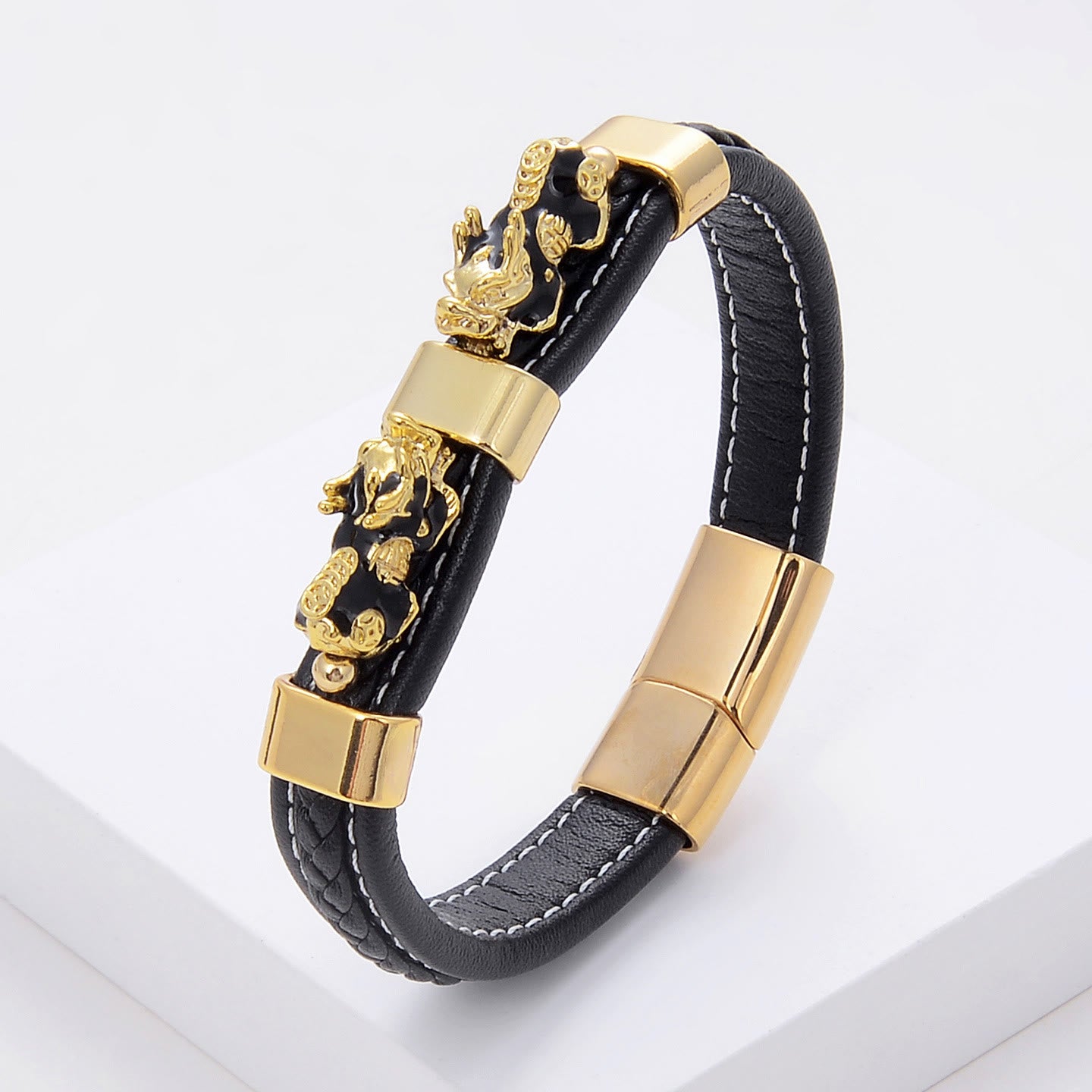 FuAttract Success & Protection Double Pixiu on Black Leather Bracelet - Dark Blue - 23cm - image 21