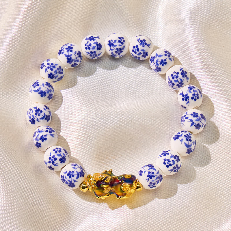FuAttract Blue Porcelain Floral Beaded Elegance & Protection Color-Changing Pixiu Bracelet - 10mm - image 0