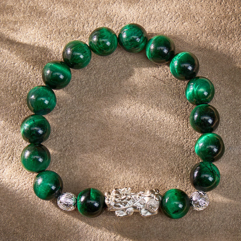 FuAttract Courage Protection – Black Obsidian Tiger's Eye Malachite S999 Silver Pixiu Bracelet - image 14