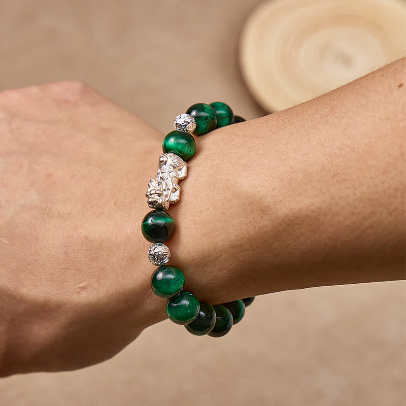 FuAttract Courage Protection – Black Obsidian Tiger's Eye Malachite S999 Silver Pixiu Bracelet - image 17