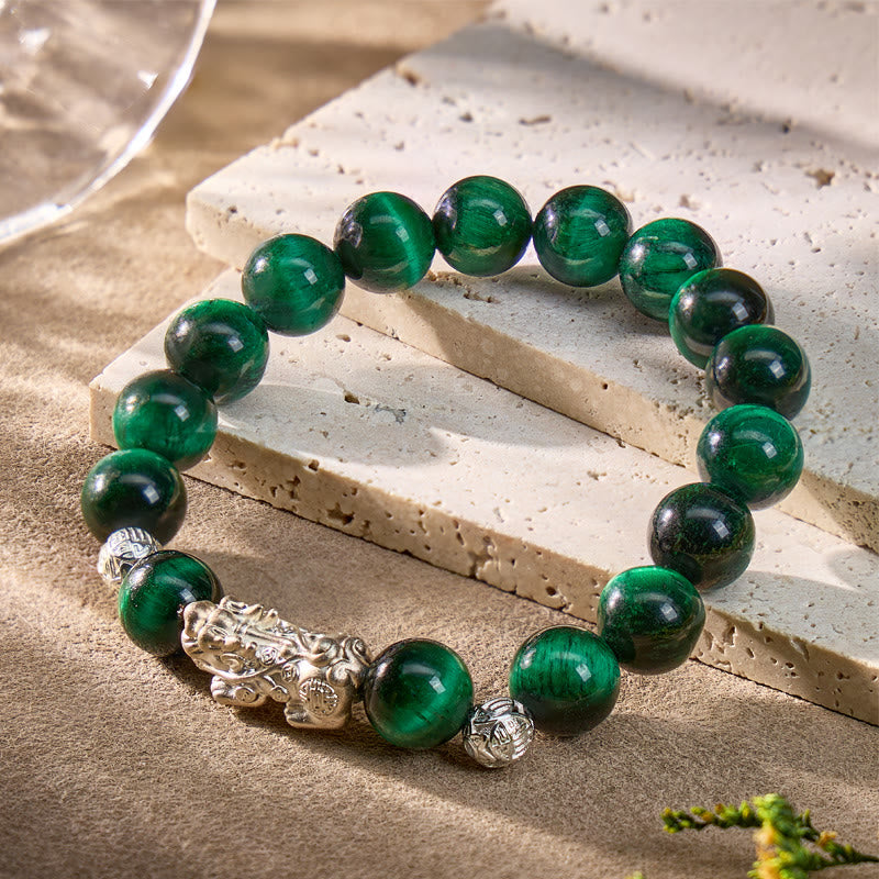 FuAttract Courage Protection – Black Obsidian Tiger's Eye Malachite S999 Silver Pixiu Bracelet - image 15