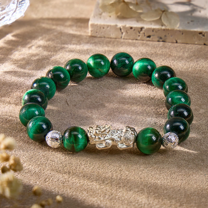 FuAttract Courage Protection – Black Obsidian Tiger's Eye Malachite S999 Silver Pixiu Bracelet - Malachite - image 13