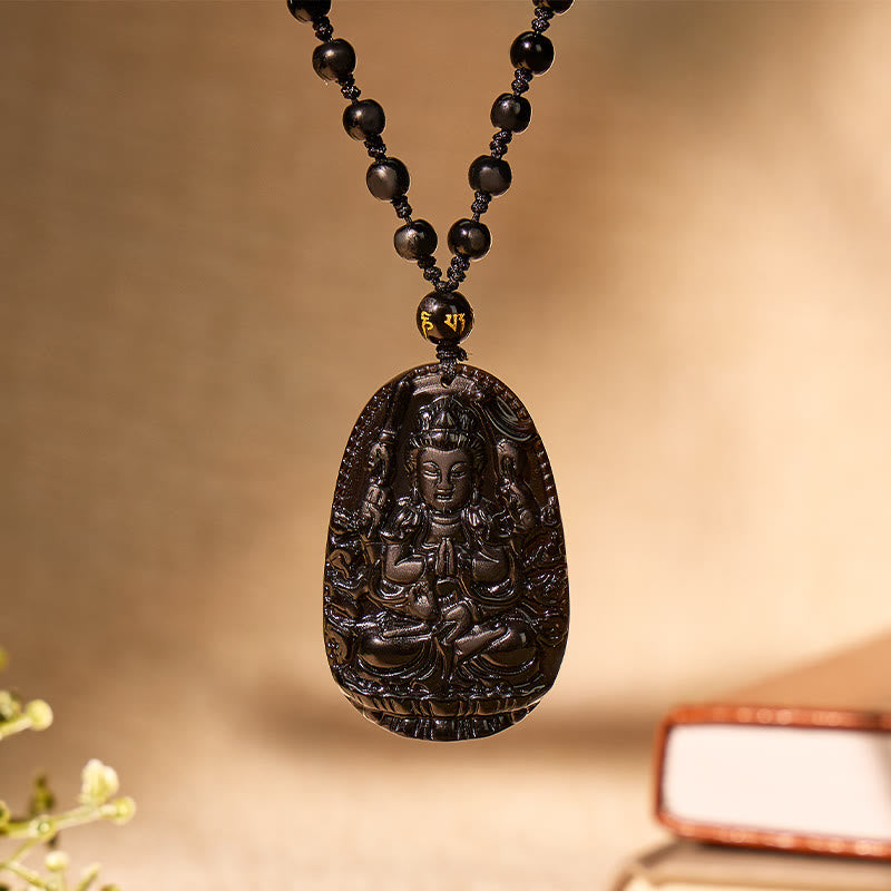FuAttract Protection & Grounding Zodiac Bodhisattva Black Obsidian Necklace - Thousand-Armed Avalokiteshvara – Rat - image 0