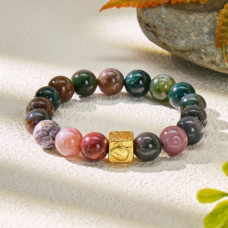 FuAttract Blessing Harmony Bracelet – Indian Agate Fu Character Chinese Zodiac Charm - Fu-Dog-Tiger-Horse(4-Side Engraved) - image 0