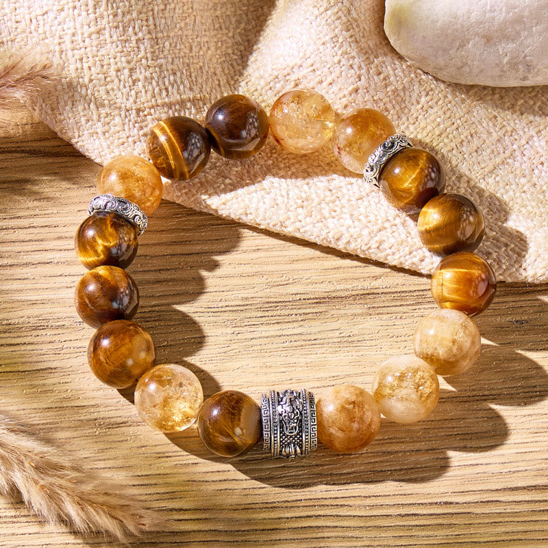 FuAttract Wealth Focus & Success Flow – Citrine Pyramid Tiger's Eye Pixiu Bracelet - 12mm - image 0