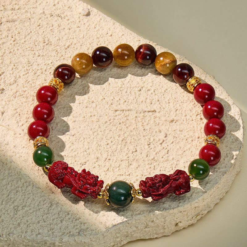 FuAttract Balance Courage & Prosperity – Cinnabar Hetian Jade Tiger's Eye Pixiu Bracelet - image 1