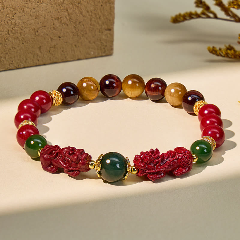 FuAttract Balance Courage & Prosperity – Cinnabar Hetian Jade Tiger's Eye Pixiu Bracelet - 8mm - image 0