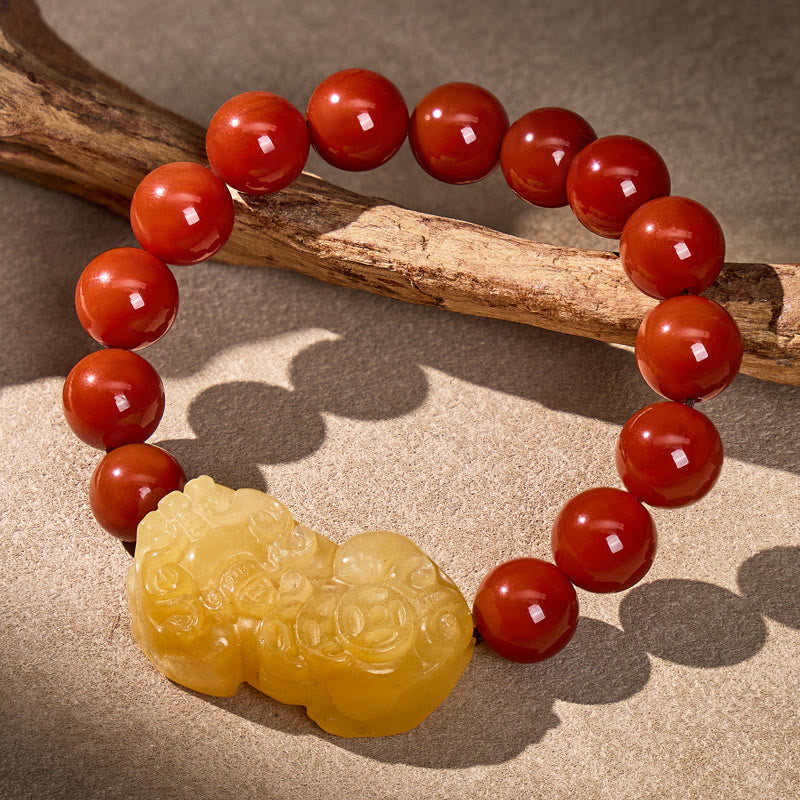 FuAttract Luck Wealth Courage & Prosperity South Red Agate Yellow Jade Pixiu Bracelet - 10mm - image 0