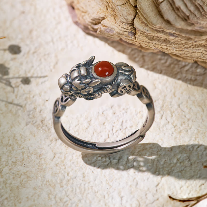 FuAttract Courage Prosperity Protection Silver South Red Agate Pixiu Adjustable Ring - image 2