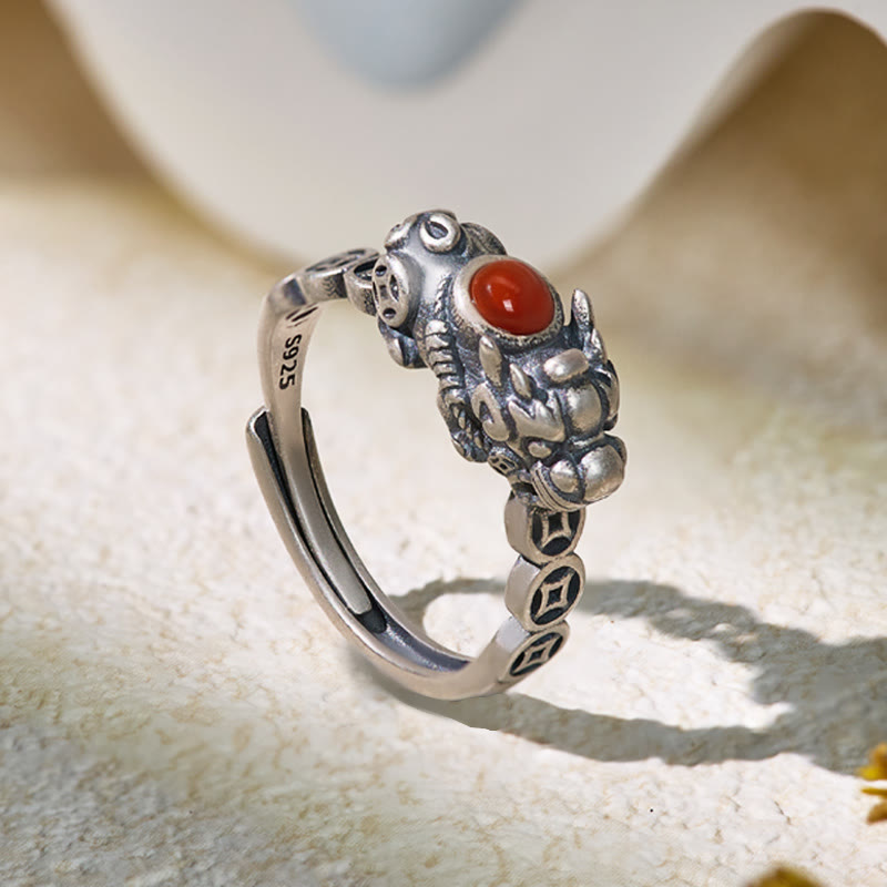 FuAttract Courage Prosperity Protection Silver South Red Agate Pixiu Adjustable Ring - image 3