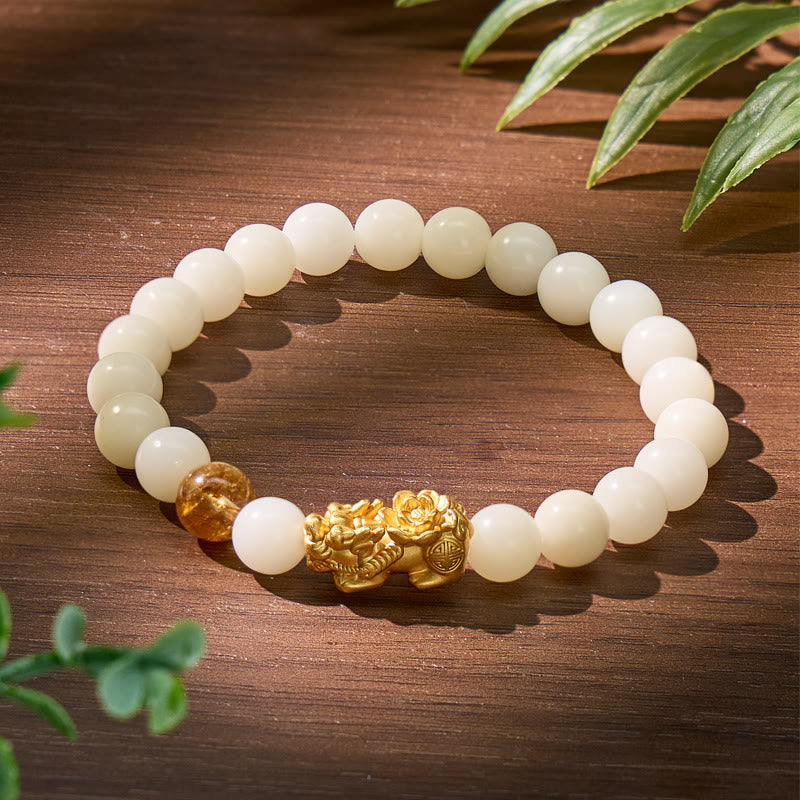 FuAttract Wealth & Emotional Balance Bracelet – White Jade Citrine Pyramid & Pixiu - 8mm - image 0