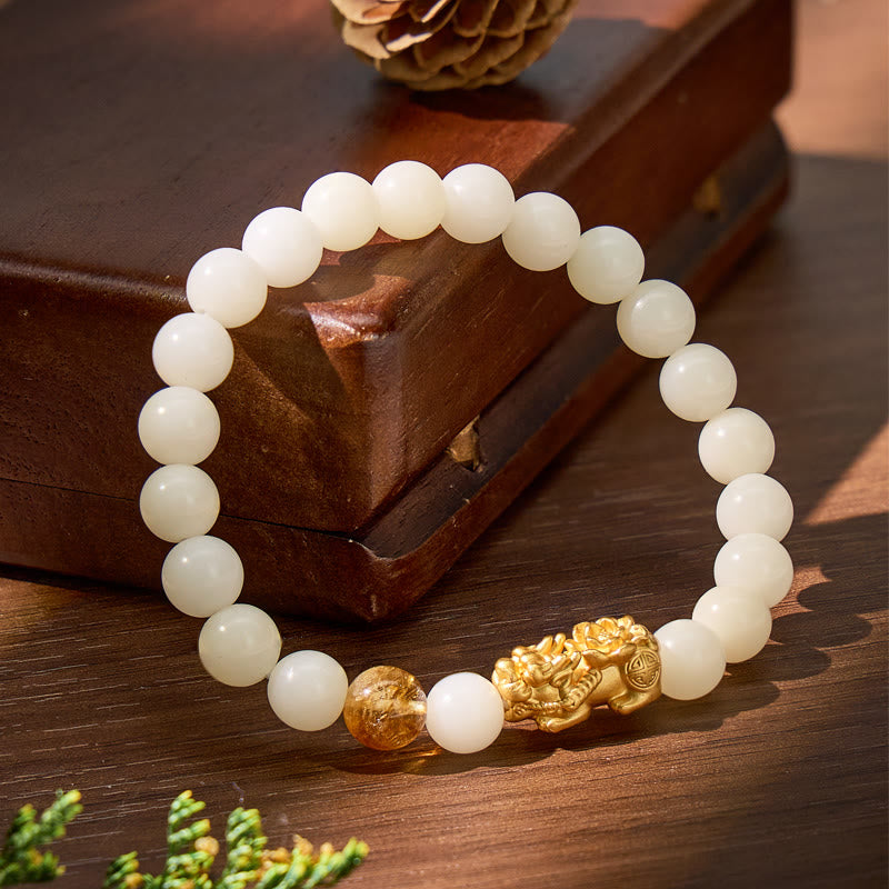FuAttract Wealth & Emotional Balance Bracelet – White Jade Citrine Pyramid & Pixiu - image 1