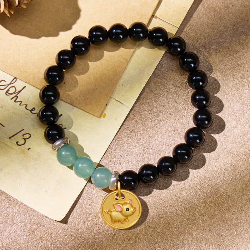 FuAttract Balance Protection Chinese Zodiac Black Onyx & Blue Chalcedony Bracelet - Pig - image 29