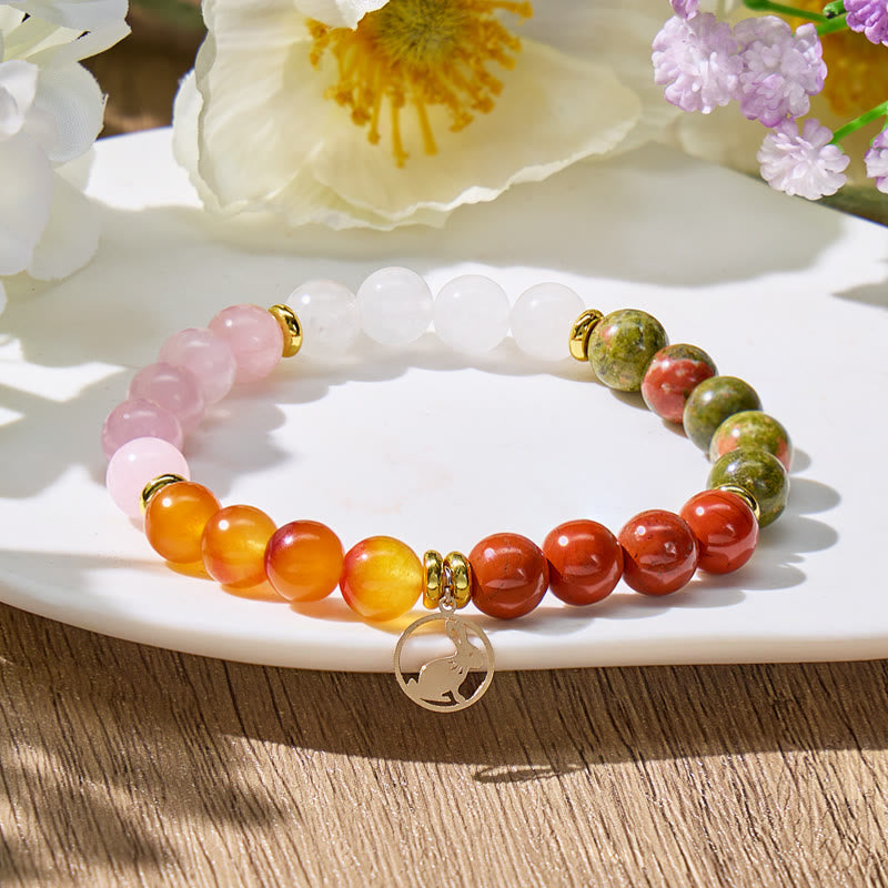 FuAttract Grounding & Growth Chinese Zodiac Rose Quartz White Jade Unakite Red Wood Grain Bracelet - image 2