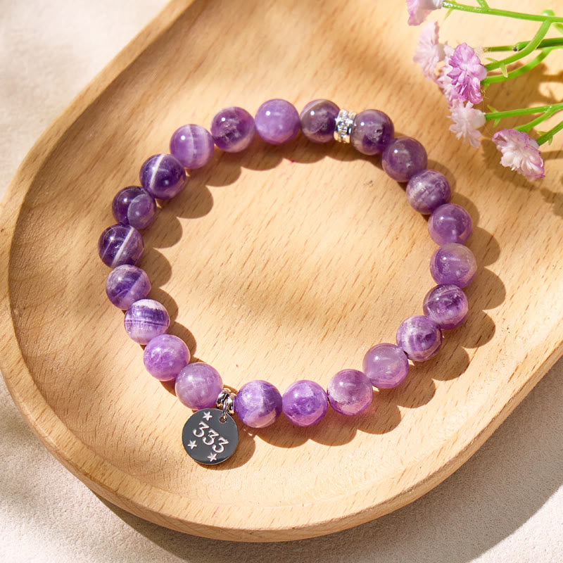FuAttract Intuition Clarity Stainless Steel Angel Numbers Silver Spacer Bead Amethyst Bracelet - 333 - image 0
