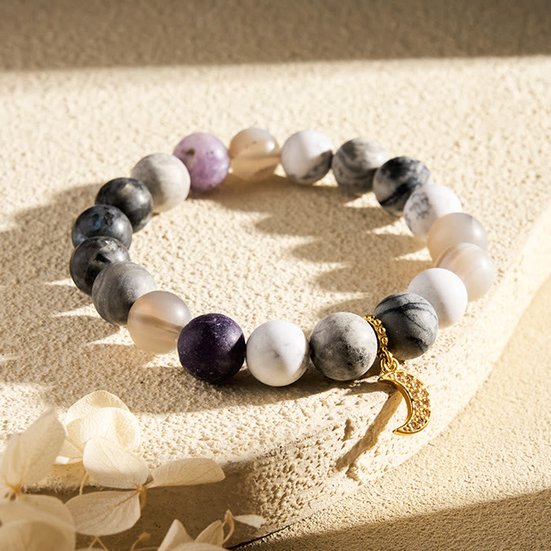 FuAttract Balance Clarity Crescent Moon Black Web Jasper White Turquoise Gray Striped Agate Bracelet - image 2