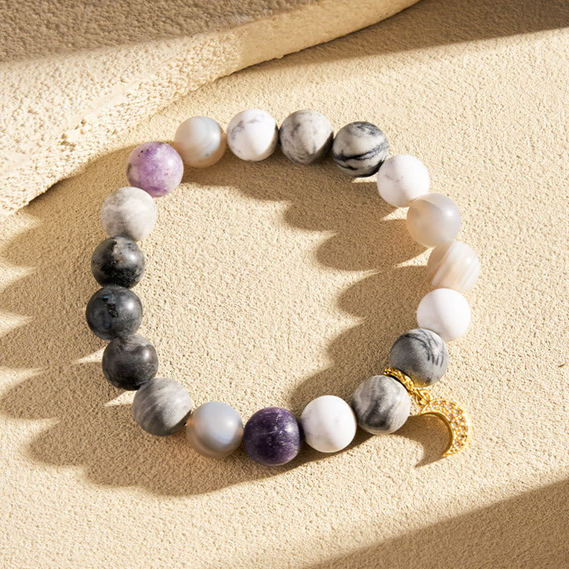 FuAttract Balance Clarity Crescent Moon Black Web Jasper White Turquoise Gray Striped Agate Bracelet - 10mm - image 0